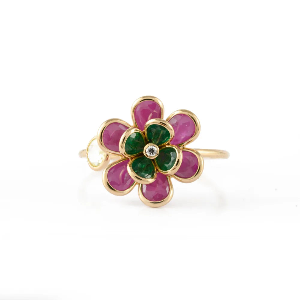 Luxury jewelry 18K Solid Yellow Gold Natural Emerald, Ruby & Diamond Flower Adjustable Ring