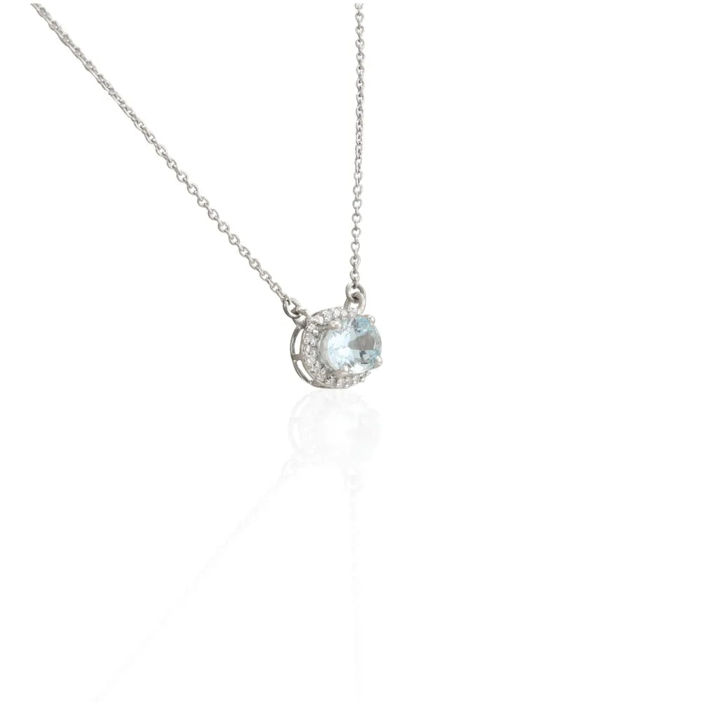 Minimal Jewelry Natural Aquamarine & Diamond 14K Solid White Gold Long Chain Necklace