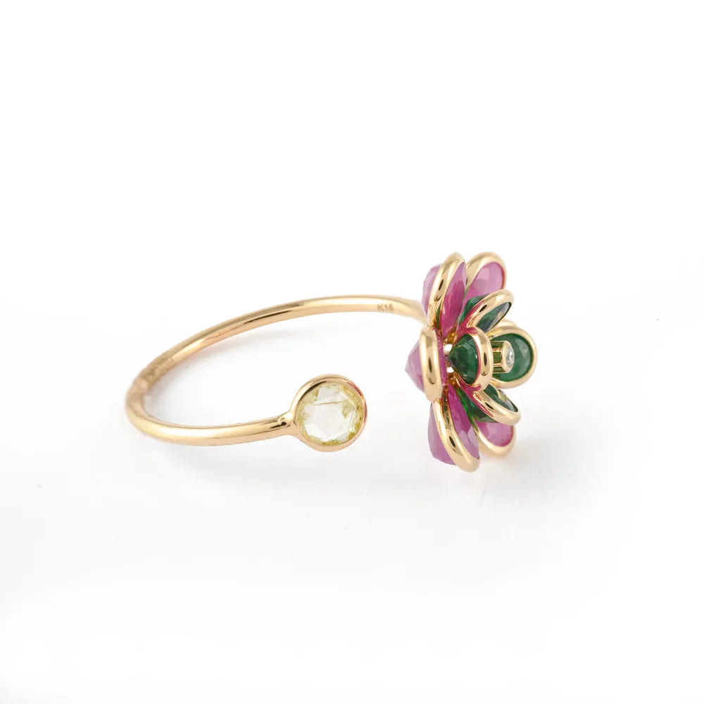 Luxury jewelry 18K Solid Yellow Gold Natural Emerald, Ruby & Diamond Flower Adjustable Ring