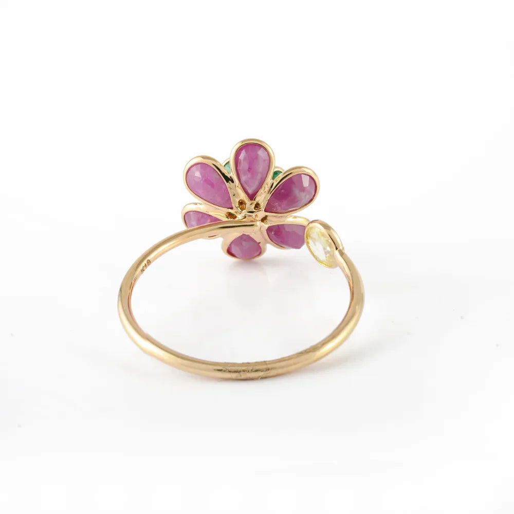 Luxury jewelry 18K Solid Yellow Gold Natural Emerald, Ruby & Diamond Flower Adjustable Ring