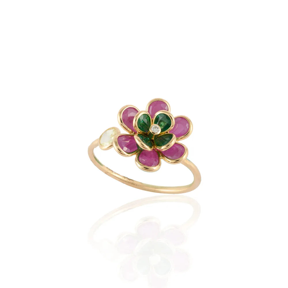 Luxury jewelry 18K Solid Yellow Gold Natural Emerald, Ruby & Diamond Flower Adjustable Ring