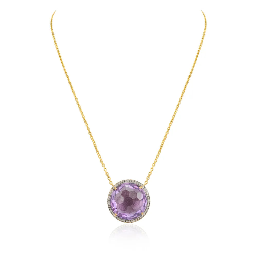 Trending Natural Amethyst & Diamond 14K Solid Yellow Gold Round Pendant Necklace