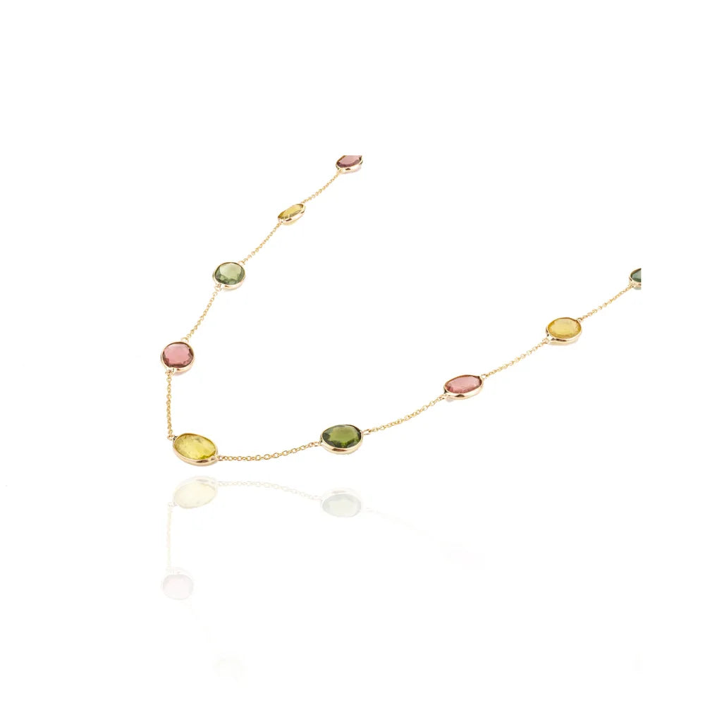 18K Yellow Gold Multi Tourmaline Uneven Shape Long Chain Necklace