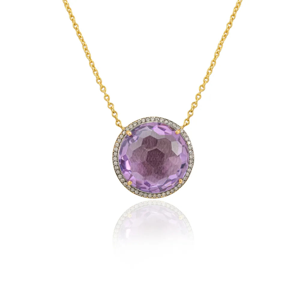 Trending Natural Amethyst & Diamond 14K Solid Yellow Gold Round Pendant Necklace