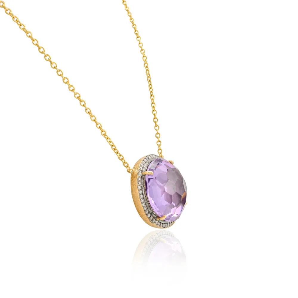 Trending Natural Amethyst & Diamond 14K Solid Yellow Gold Round Pendant Necklace