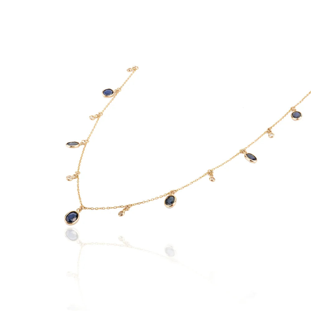 Handcrafted Jewelry Natural Blue Sapphire & Dimond Solid 18K Gold Necklace