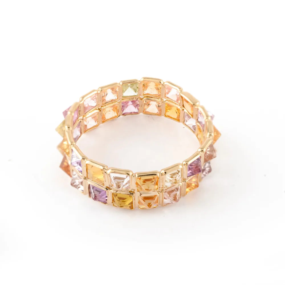 Handcrafted Jewelry Natural Multi Sapphire 18K Solid Yellow Gold Double Band Ring