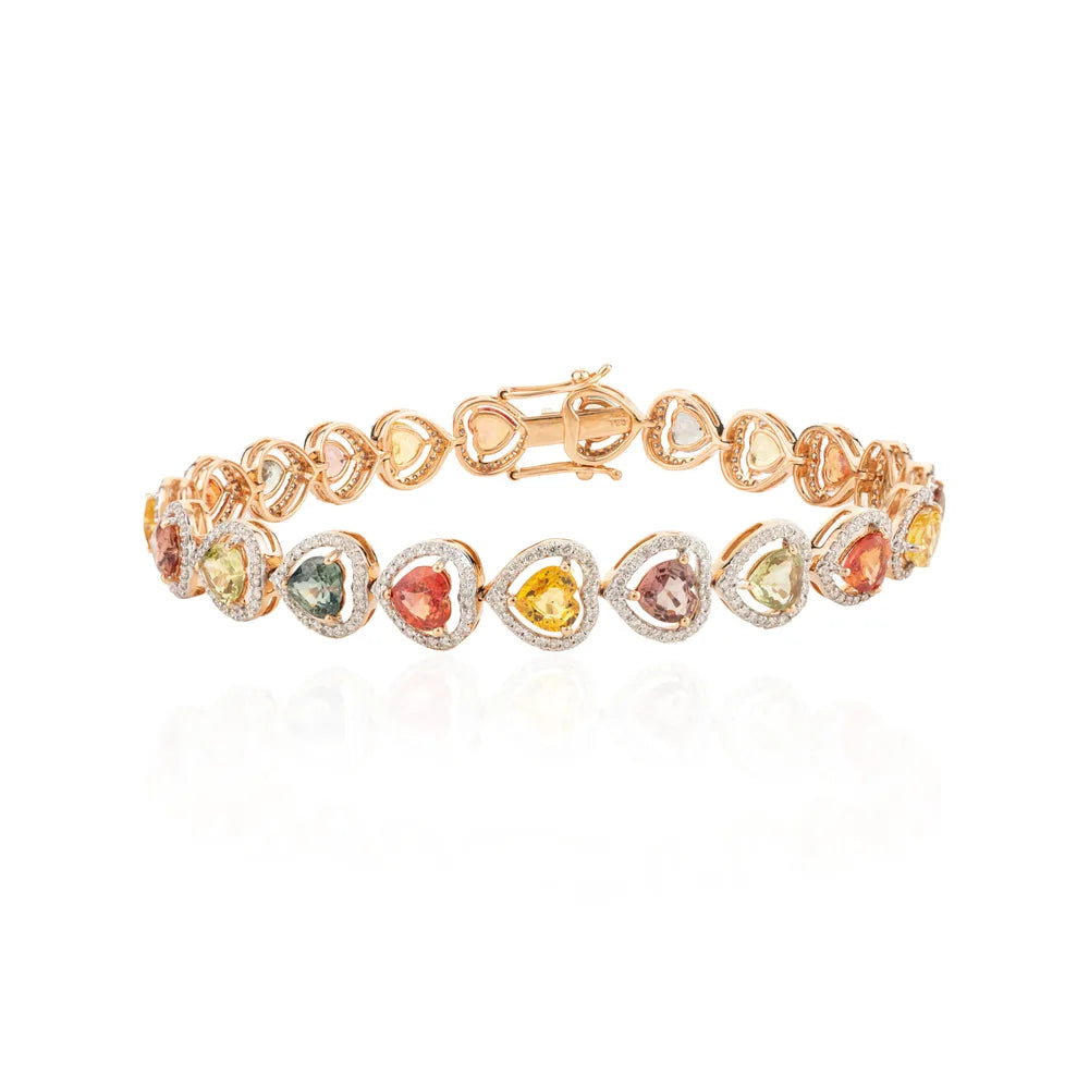 Heart Shape Multi Gemstone & Diamond 18K Rose Gold Tennis Bracelet