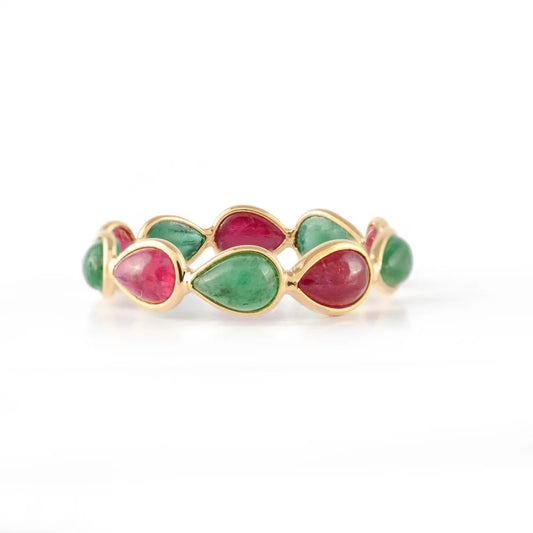 Minimalist Jewelry 18K Solid Yellow Gold Natural Ruby & Emerald Full Stackable Band Ring