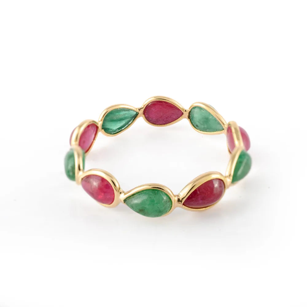 Minimalist Jewelry 18K Solid Yellow Gold Natural Ruby & Emerald Full Stackable Band Ring