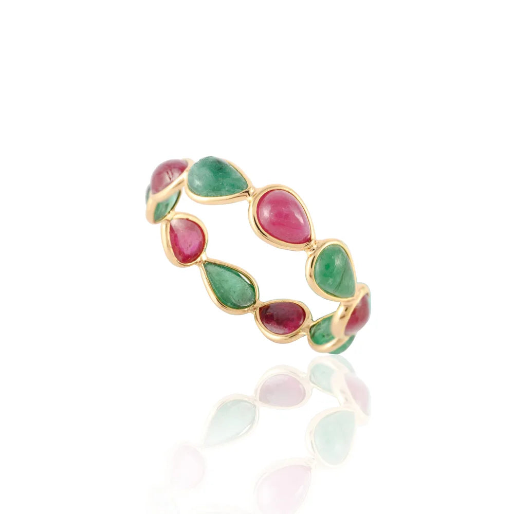 Minimalist Jewelry 18K Solid Yellow Gold Natural Ruby & Emerald Full Stackable Band Ring