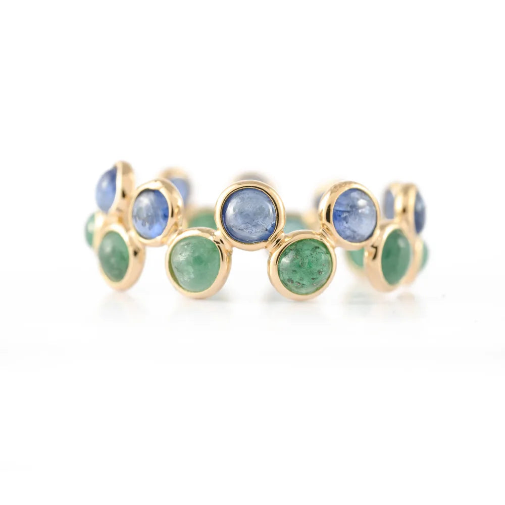 Natural Precious Stone Blue Sapphire & Emerald Gemstones 18K Solid Yellow Gold Stackable Band Ring
