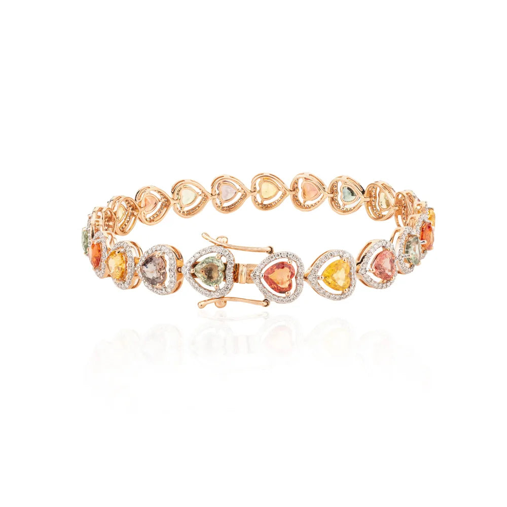 Heart Shape Multi Gemstone & Diamond 18K Rose Gold Tennis Bracelet