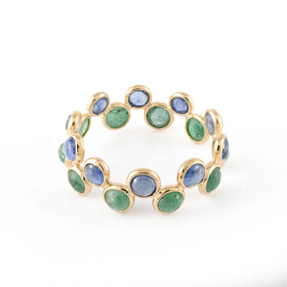 Natural Precious Stone Blue Sapphire & Emerald Gemstones 18K Solid Yellow Gold Stackable Band Ring