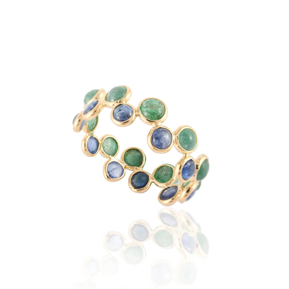 Natural Precious Stone Blue Sapphire & Emerald Gemstones 18K Solid Yellow Gold Stackable Band Ring