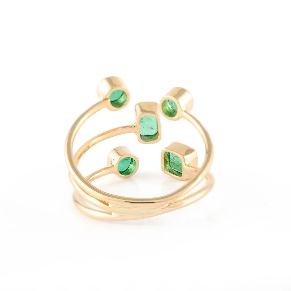 Stylish & Unique Natural Emerald & Diamond 18K Solid Yellow Gold Gemstone Ring