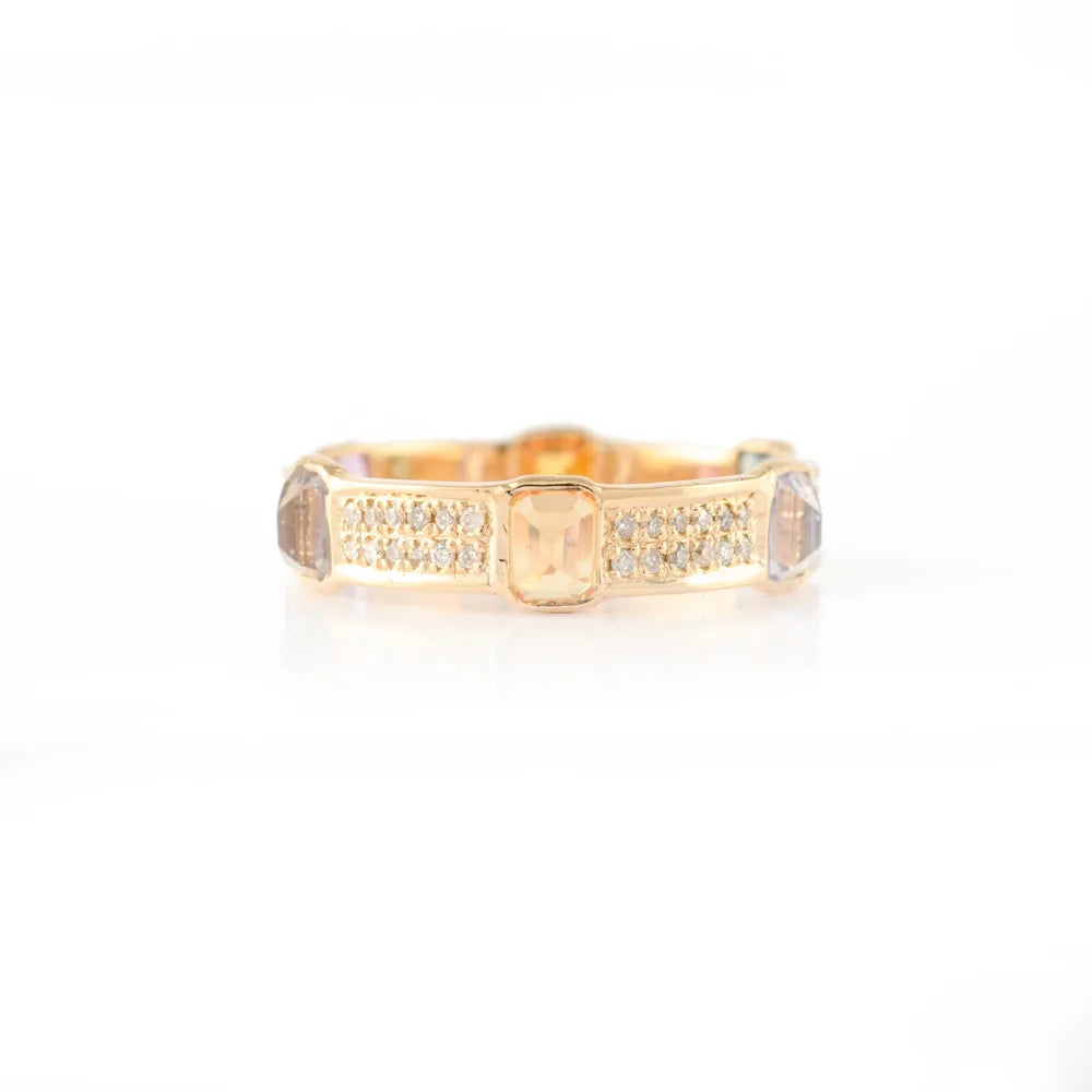 Minimal Jewelry Natural Multi Sapphire & Diamond 18K Yellow Gold Full Stackable Band Ring