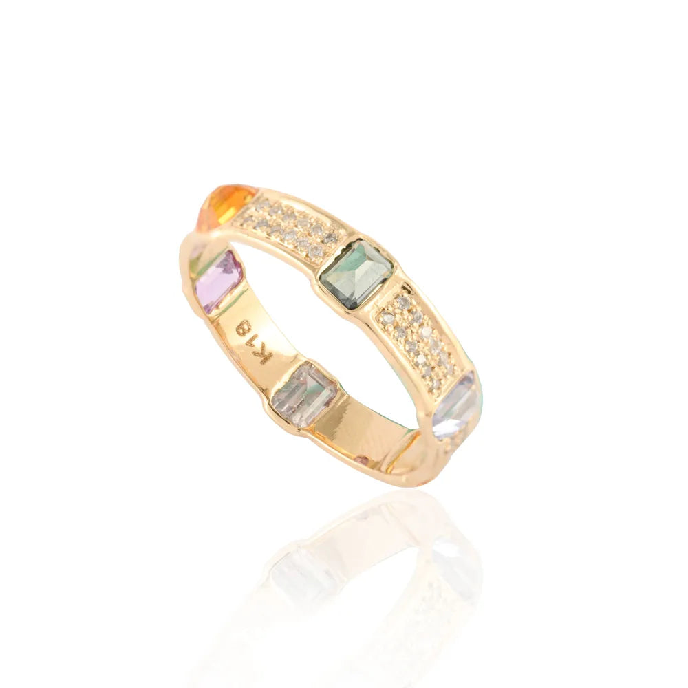 Minimal Jewelry Natural Multi Sapphire & Diamond 18K Yellow Gold Full Stackable Band Ring