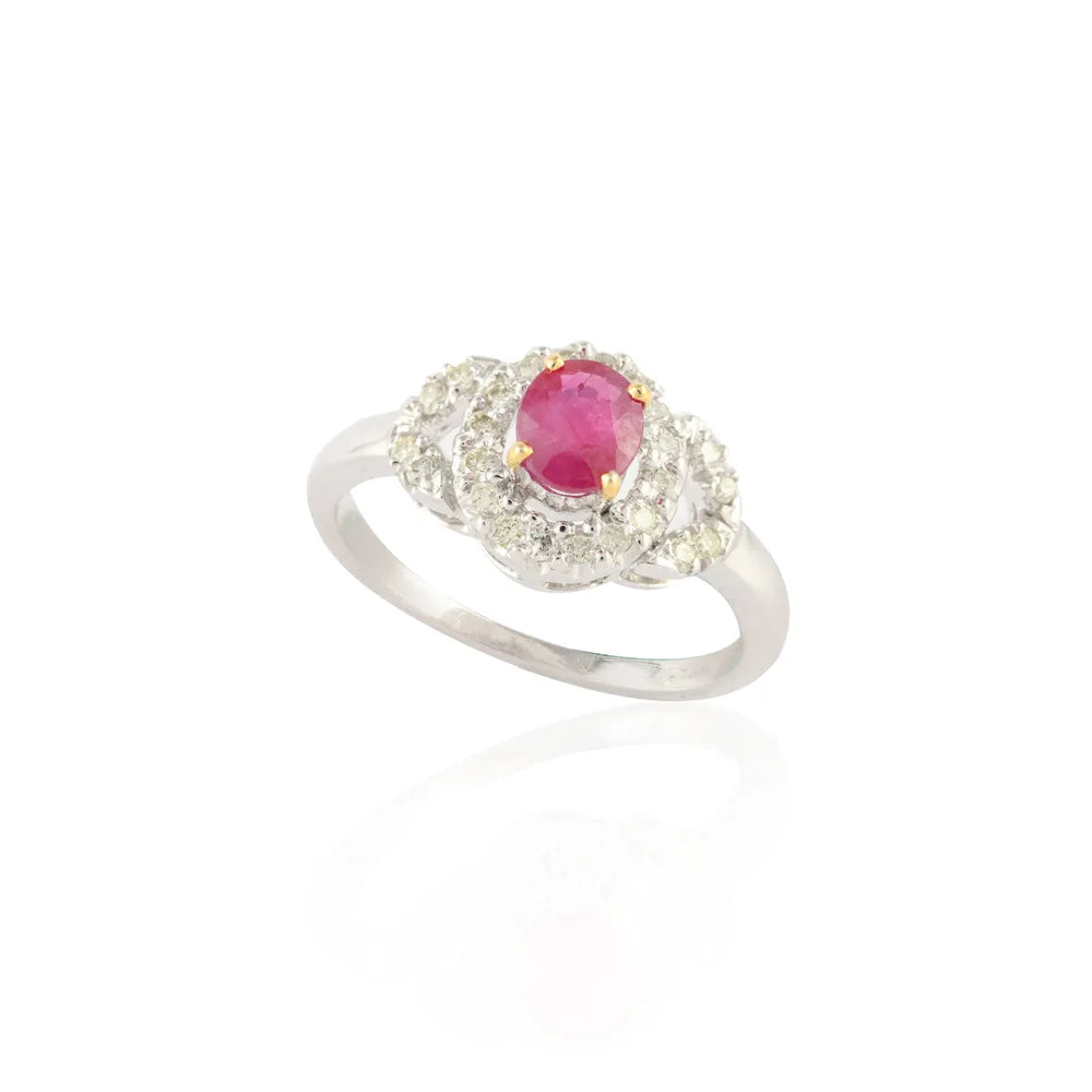 Gemstone Jewelry Natural Ruby & Diamond 14K Fine White Gold Delicate Ring