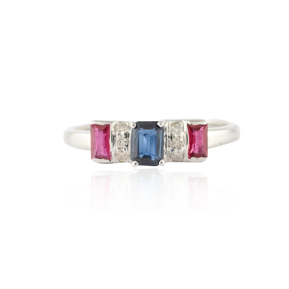 Natural Three Stone Ruby, Sapphire And Diamond 14K White Gold Ring