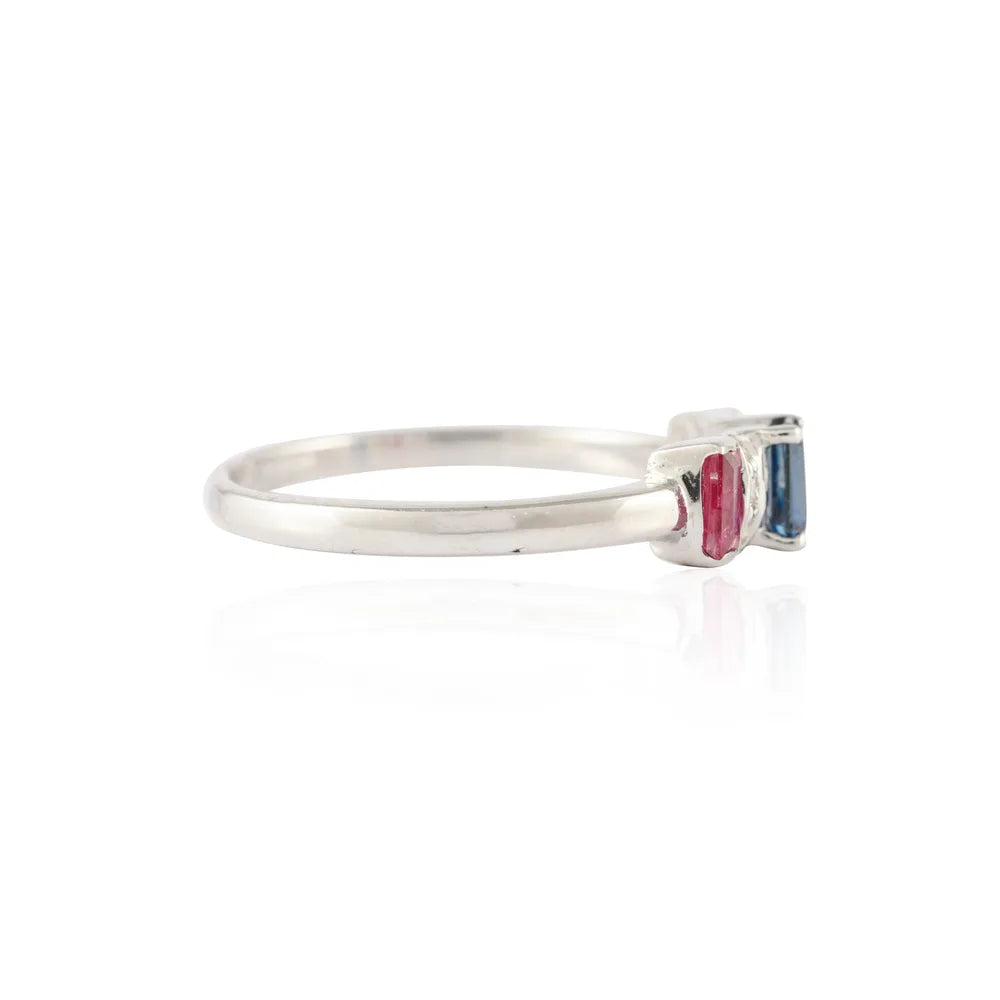 Natural Three Stone Ruby, Sapphire And Diamond 14K White Gold Ring