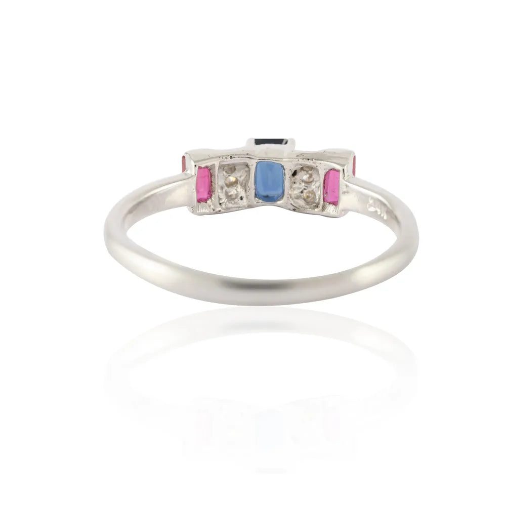 Natural Three Stone Ruby, Sapphire And Diamond 14K White Gold Ring