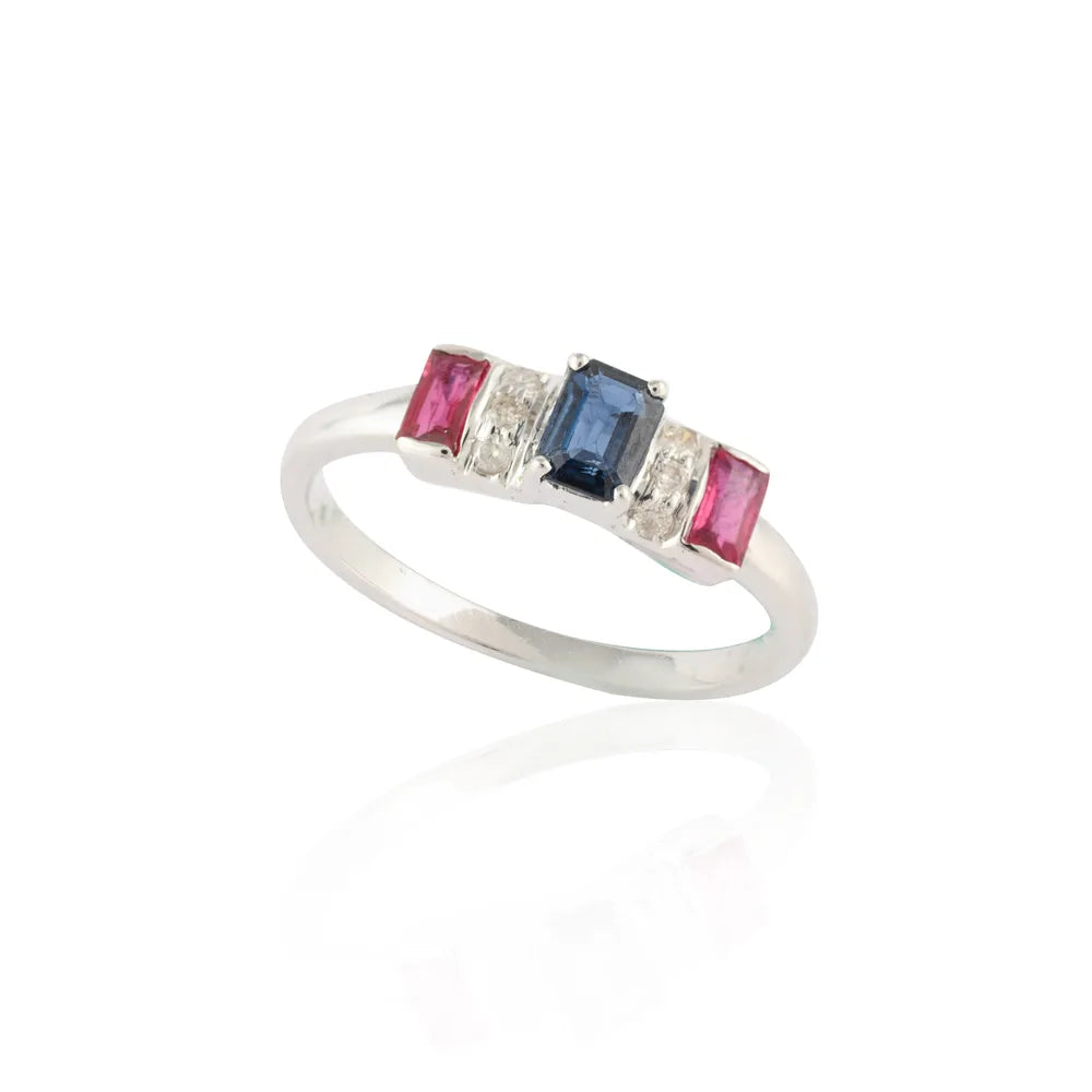 Natural Three Stone Ruby, Sapphire And Diamond 14K White Gold Ring