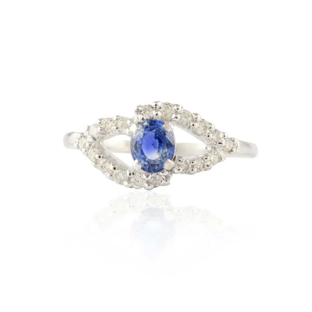 Natural Precious Stone Blue Sapphire & Diamond 14K Solid White Gold Gemstone Ring
