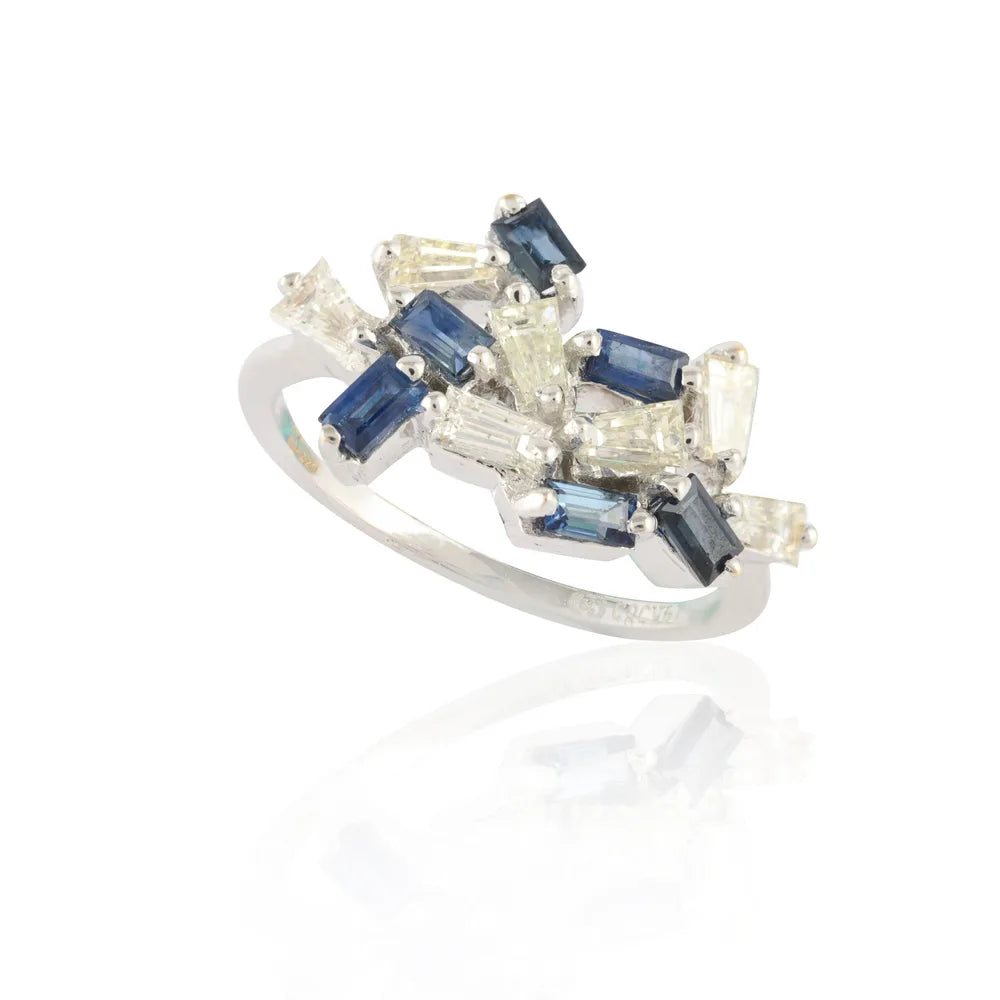 Unique Designs 14K Solid White Gold Natural Blue Sapphire & Diamond Precious Gemstone Ring