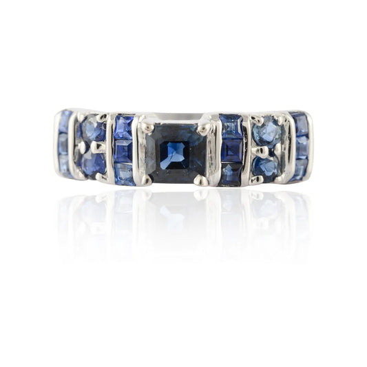 Gemstone Jewelry Natural Blue Sapphire 14K White Gold Designer Statement Ring