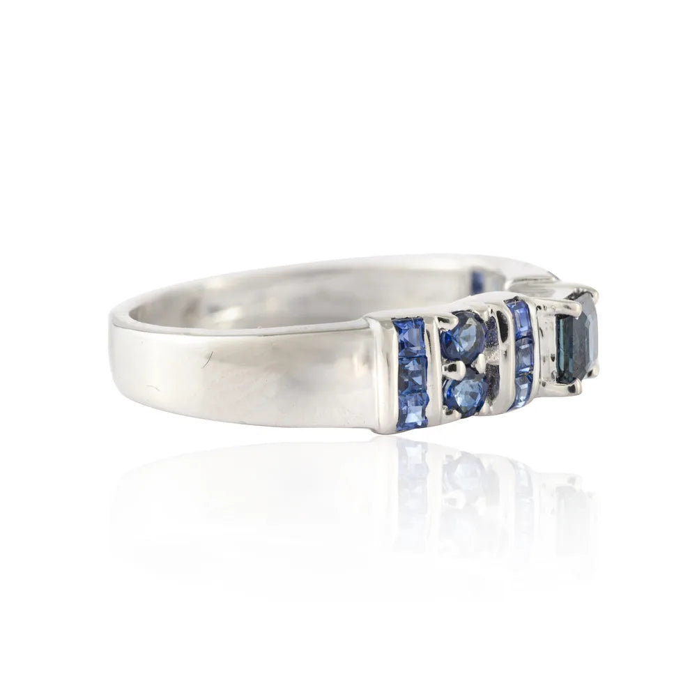 Gemstone Jewelry Natural Blue Sapphire 14K White Gold Designer Statement Ring