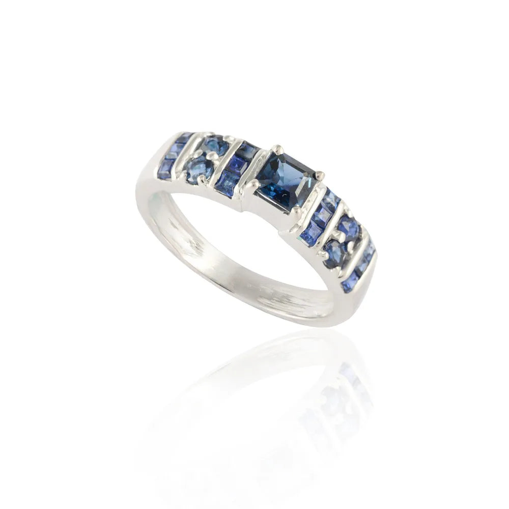 Gemstone Jewelry Natural Blue Sapphire 14K White Gold Designer Statement Ring