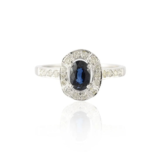 Fine Jewelry Natural Blue Sapphire & Diamond 14K Solid White Gold Solitaire Ring