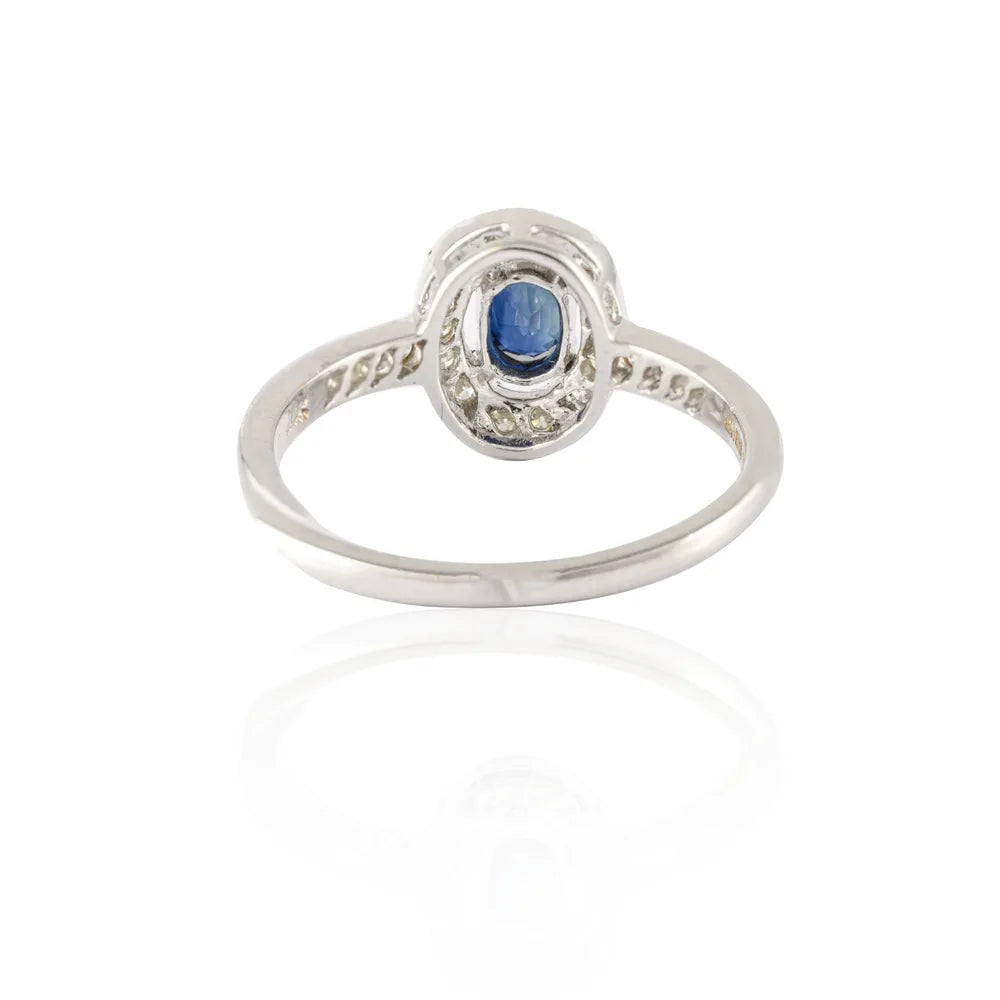 Fine Jewelry Natural Blue Sapphire & Diamond 14K Solid White Gold Solitaire Ring