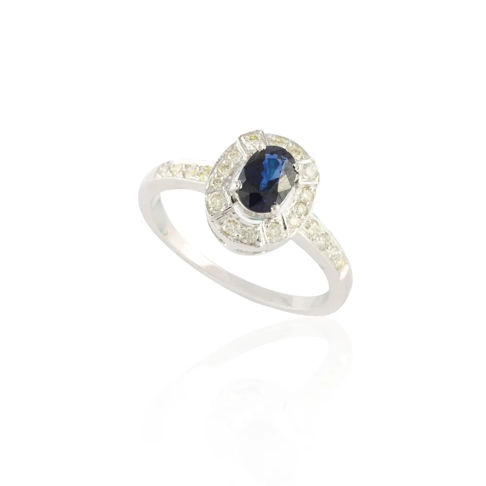 Fine Jewelry Natural Blue Sapphire & Diamond 14K Solid White Gold Solitaire Ring