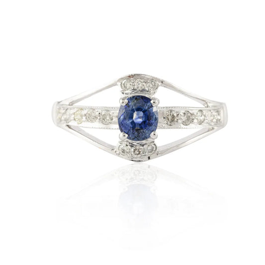 Handcrafted 14K White Gold Natural Elegant Blue Sapphire & Diamond Ring