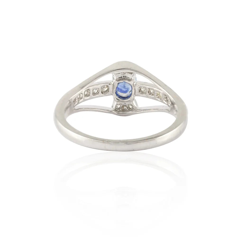 Handcrafted 14K White Gold Natural Elegant Blue Sapphire & Diamond Ring