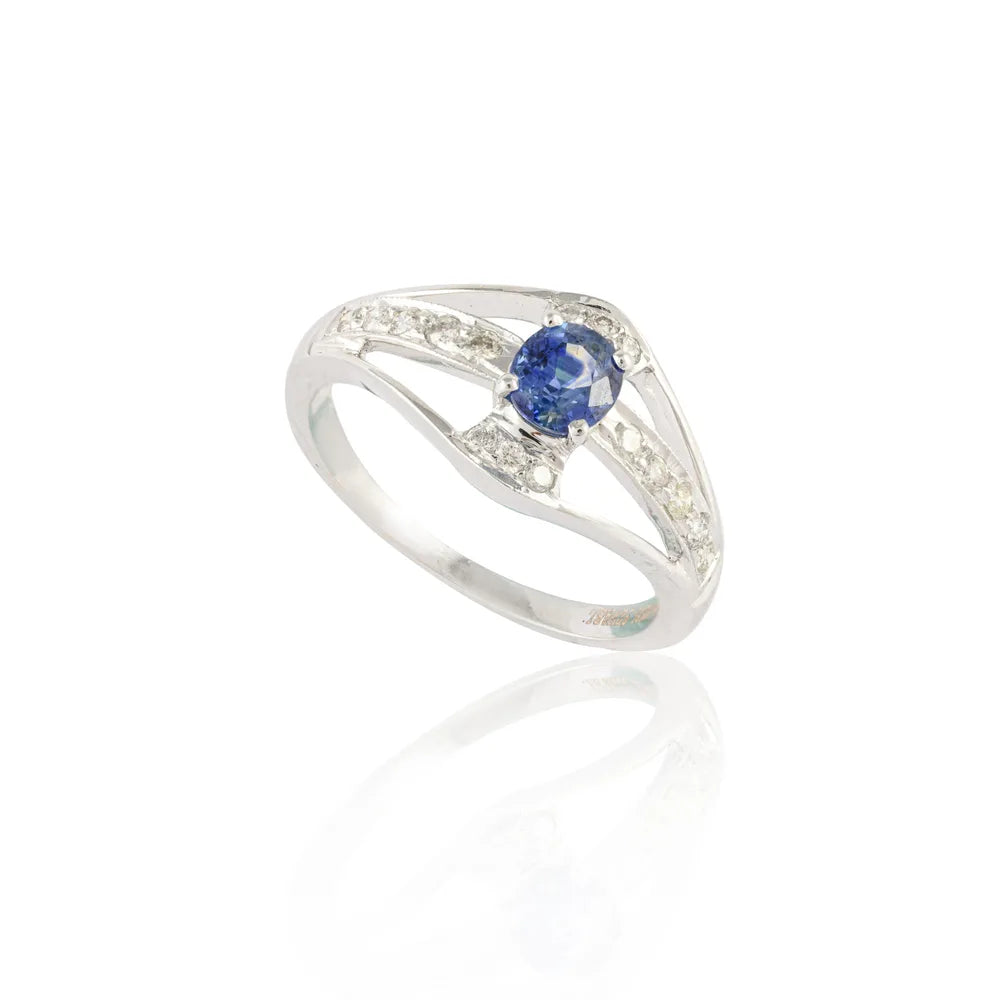 Handcrafted 14K White Gold Natural Elegant Blue Sapphire & Diamond Ring