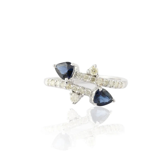 14K White Gold Natural Blue Sapphire & Diamond Open Band Ring