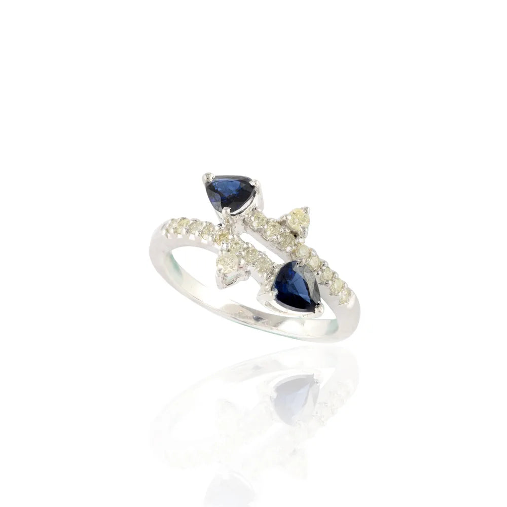 14K White Gold Natural Blue Sapphire & Diamond Open Band Ring