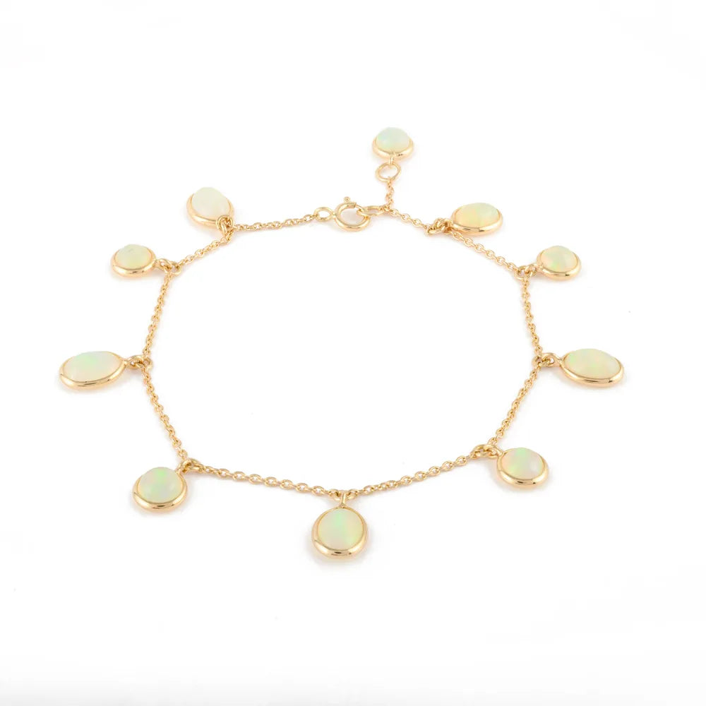 Handcrafted Jewelry Natural Opal 18K Solid Yellow Gold Long Chain Adjustable Bracelet