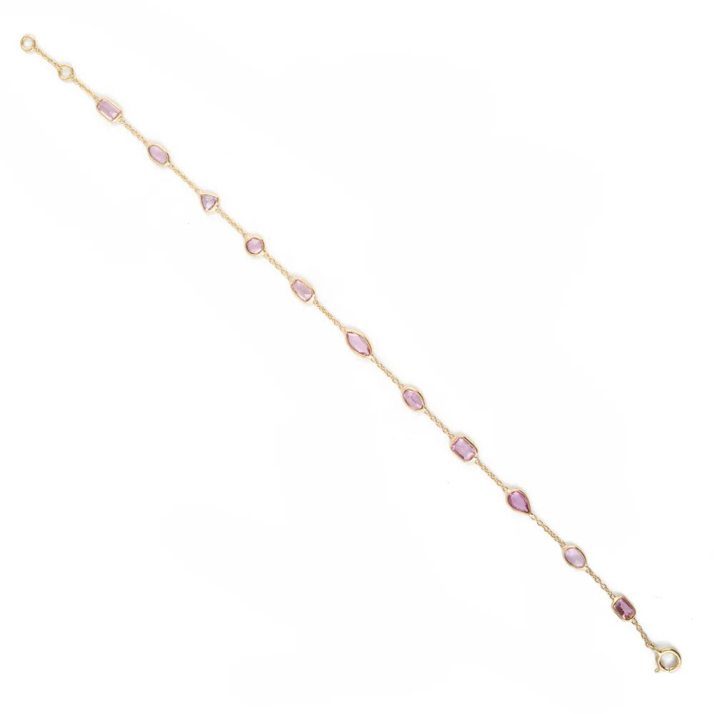 Minimalist Jewelry 18K Solid Yellow Gold Natural Pink Sapphire Long Chain Adjustable Bracelet