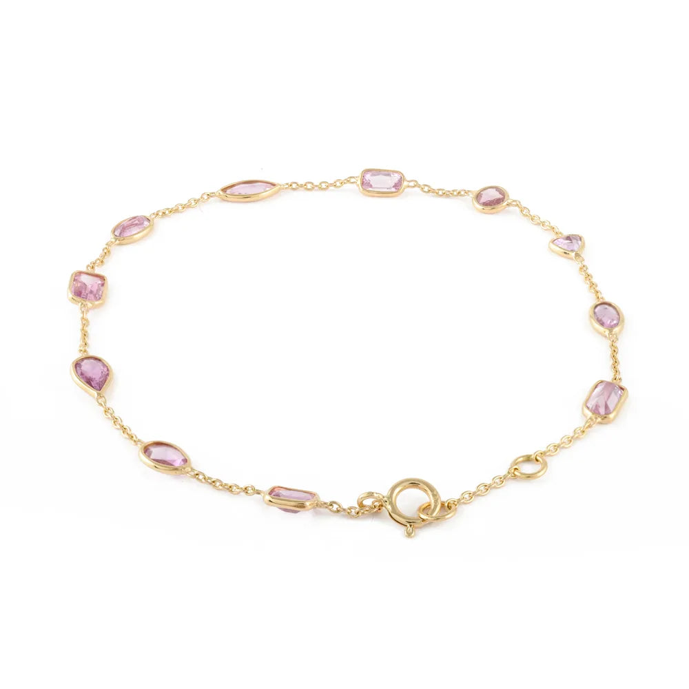 Minimalist Jewelry 18K Solid Yellow Gold Natural Pink Sapphire Long Chain Adjustable Bracelet