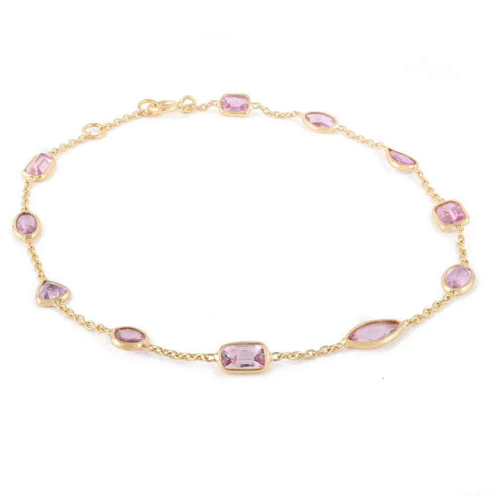 Minimalist Jewelry 18K Solid Yellow Gold Natural Pink Sapphire Long Chain Adjustable Bracelet