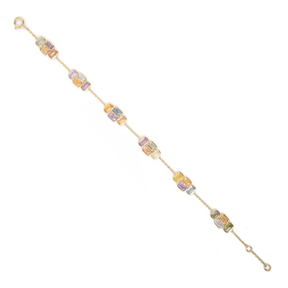 Natural Precious Gemstone Multi Sapphire 18K Solid Yellow Gold Adjustable Bracelet