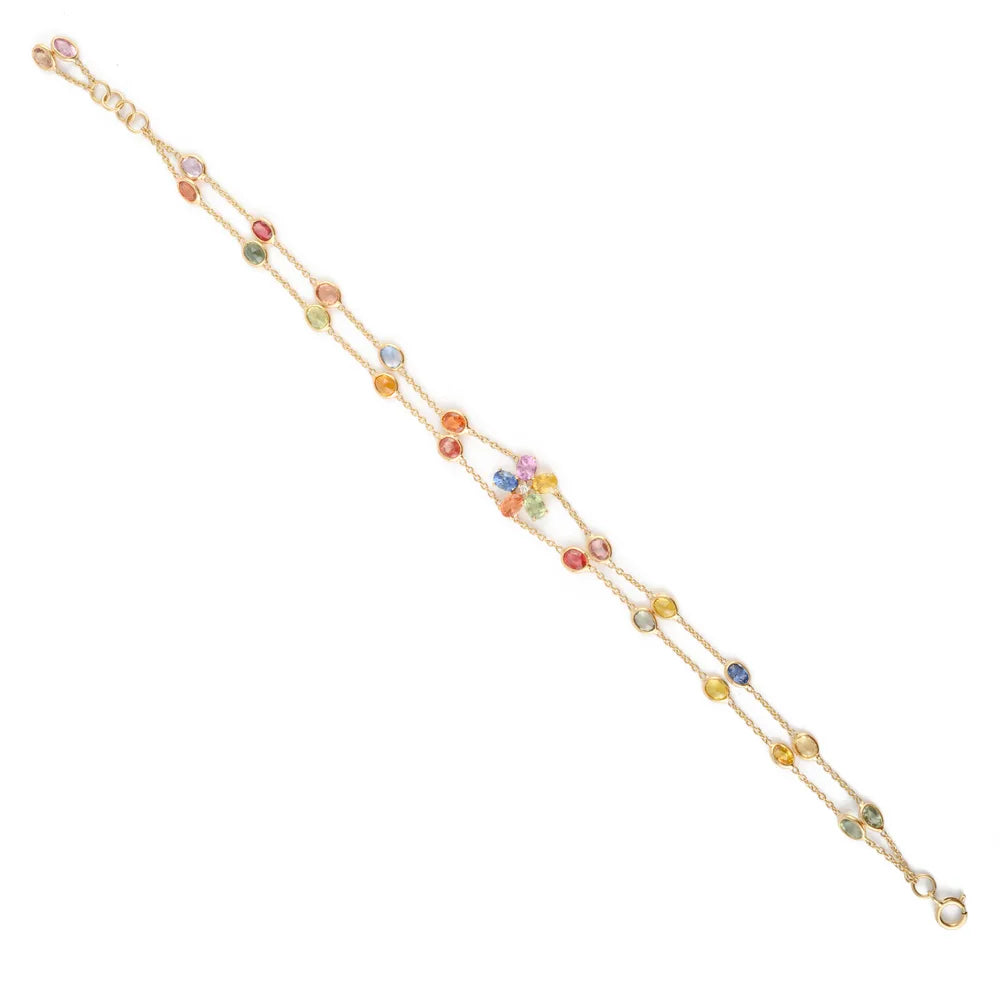 Natural Precious Gemstone Multi Sapphire & Diamond 18K Solid Yellow Gold Double layer Long Chain Bracelet