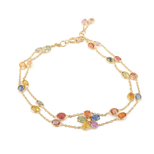 Natural Precious Gemstone Multi Sapphire & Diamond 18K Solid Yellow Gold Double layer Long Chain Bracelet