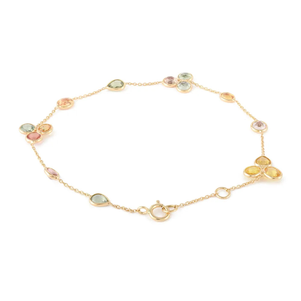 Gemstone Jewelry Natural Multi Sapphire 18K Solid Yellow Gold Long Chain Adjustable Bracelet