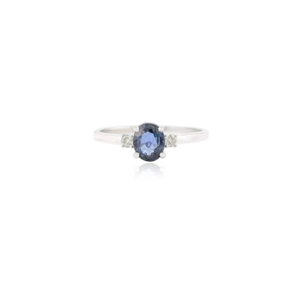 100% Authentic Oval Blue Sapphire & Diamond 14K Solid White Gold Minimal Ring