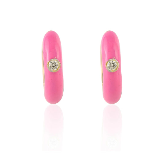 Natural Diamond 14K Solid Yellow Gold Pink Enamel Hoop Earring